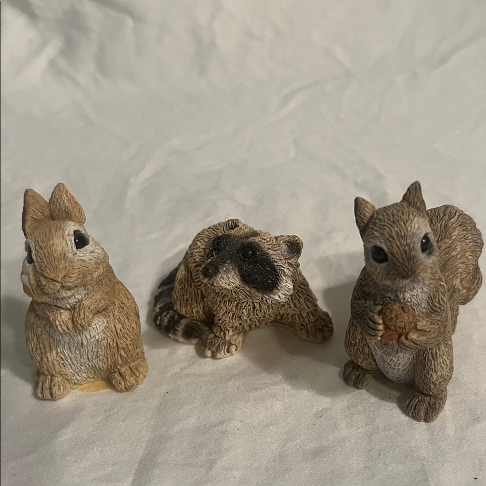 Stone Critters Littles Bunny squirrel Raccoon Figurines 3 pc Handpainted